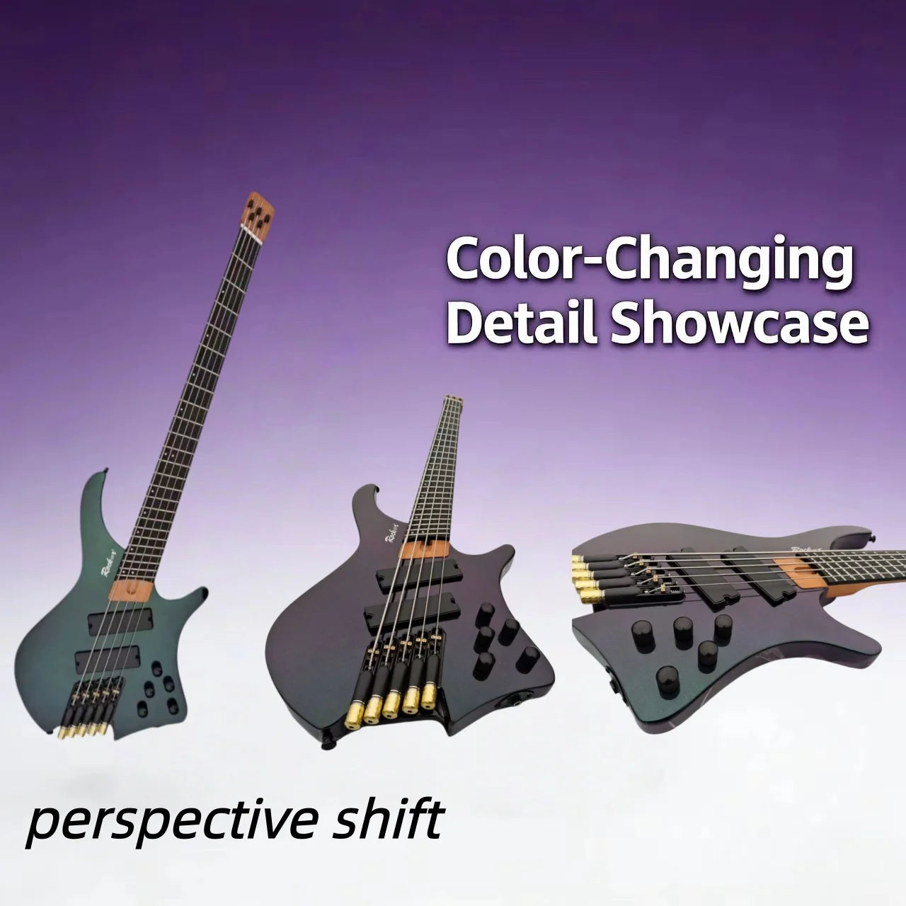 Chameleon Five String Bass Green Purple Transformation Professional Performance Headless Electric Bass