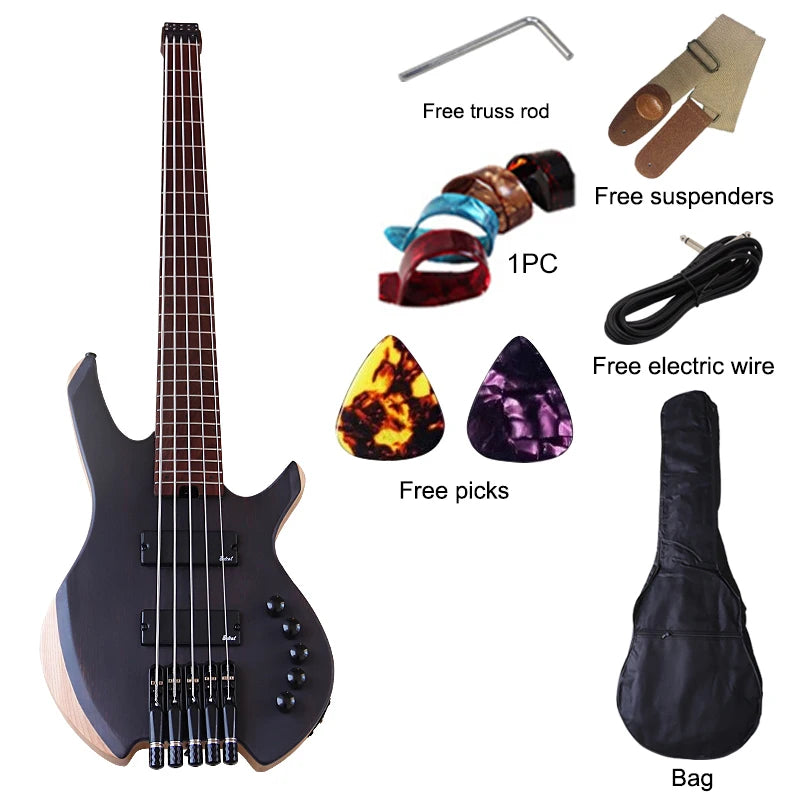 Headless Electric Bass Guitar Tree Burl Top 5 Strings Basswood Body 39 Inch Headless Guitarra Matte Good Handicraft Green&Black