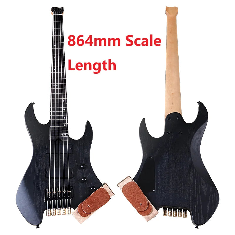 Headless Electric Bass Guitar Tree Burl Top 5 Strings Basswood Body 39 Inch Headless Guitarra Matte Good Handicraft Green&Black