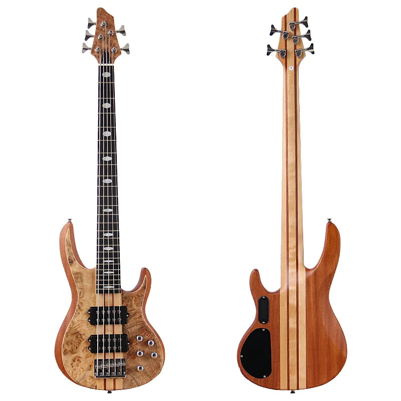 Active 5 String Neck Through Electric Bass Guitar 43 Inch Solid Okoume Body Natural Color Bass Guitar with Free Bag