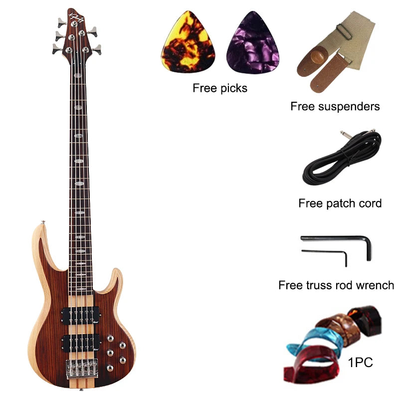 Active 5 String Neck Through Electric Bass Guitar 43 Inch Solid Okoume Body Natural Color Bass Guitar with Free Bag