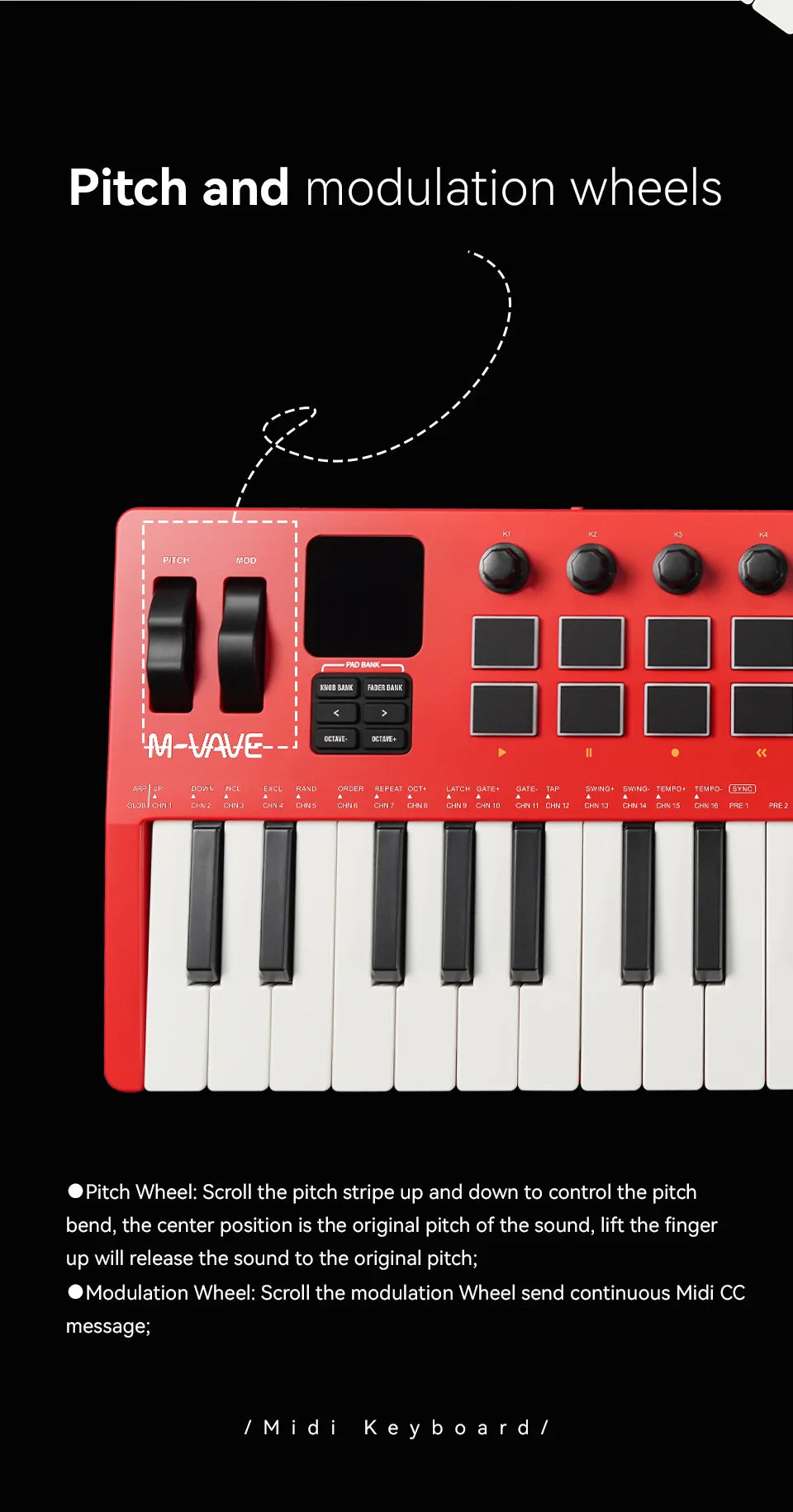 M-VAVE SMK-37 Pro 37-Key MIDI Controller Red With 16 RGB Pads 8 Knobs Built-in Synthesizer Portable Keyboard Instruments Parts