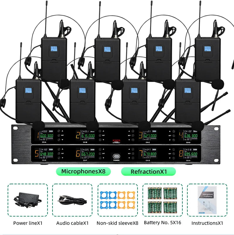Professional wireless microphone UHF 8-channel handheld collar clip, conference microphone karaoke, singing dynamic microphone