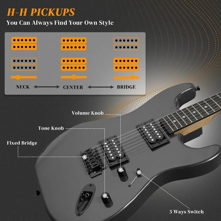 39 Inch Electric Guitar Full Size Solid Body with HH Pickups 6 Strings for Beginners Complete Starter Kit Includes Upgraded Cab
