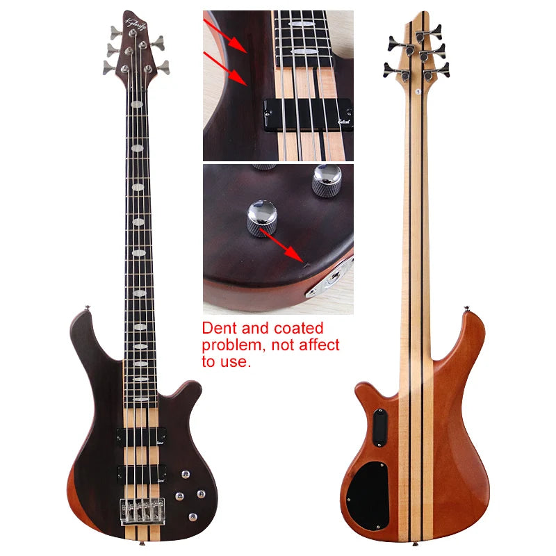 Active 5 String Neck Through Electric Bass Guitar 43 Inch Solid Okoume Body Natural Color Bass Guitar with Free Bag