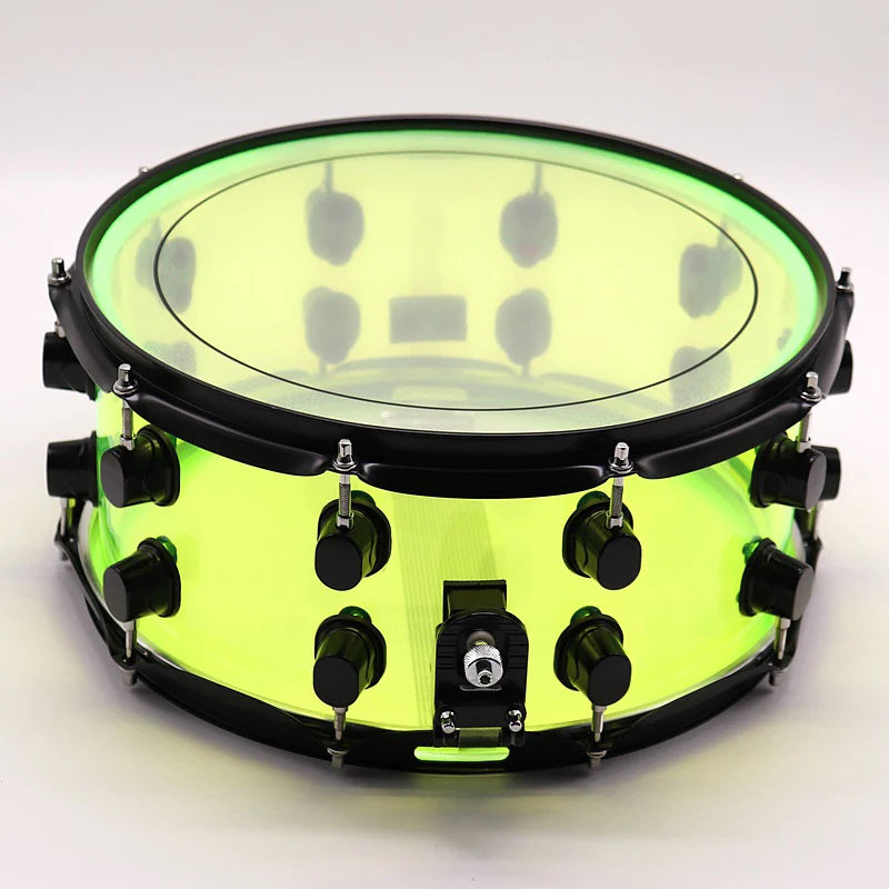 13 Inch Diameter 7 Inch Depth Acrylic Snare Drum Green with Black Color Iron Hoop and Metal One Side Drum Lug