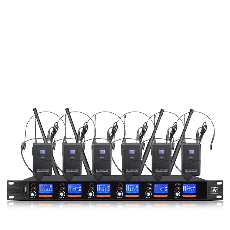 Professional UHF Wireless Microphone 6 Channel Handheld Lavalier Headset Mic Apply to Karaoke Church School Lecture Stage 80M
