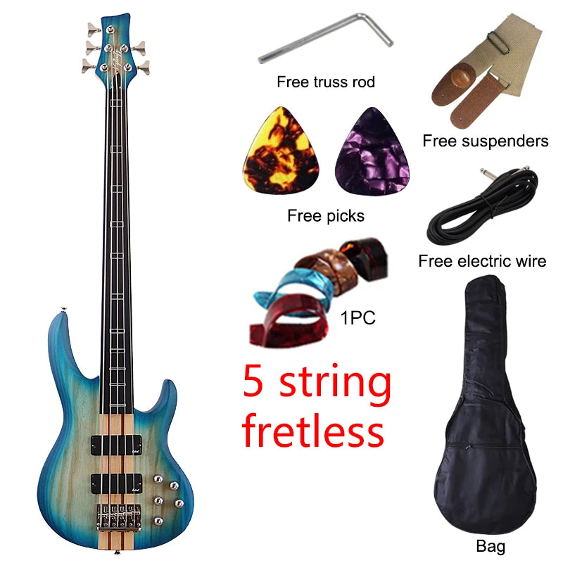 Fretless Electric Bass Guitar 5 String 43inch Solid Ashwood Body Bass Guitar Matte Finish Black Color