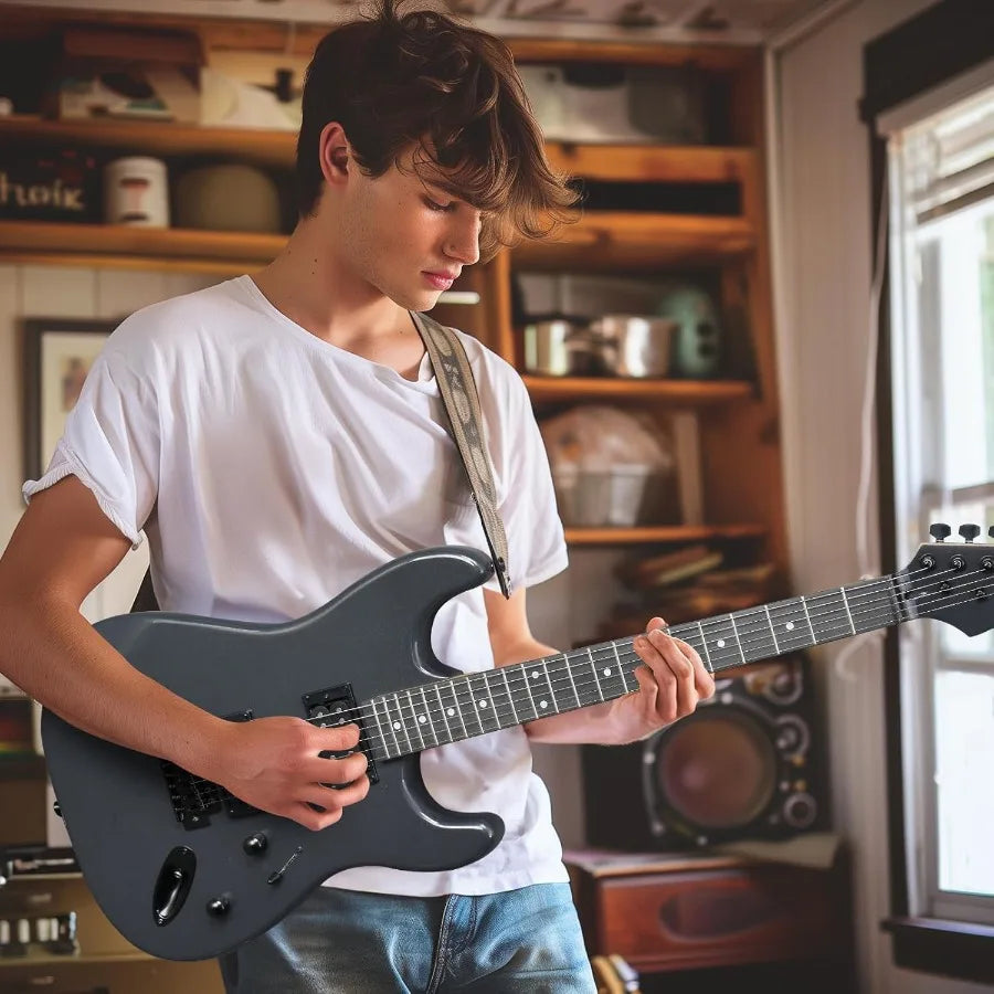 39 Inch Electric Guitar Full Size Solid Body with HH Pickups 6 Strings for Beginners Complete Starter Kit Includes Upgraded Cab