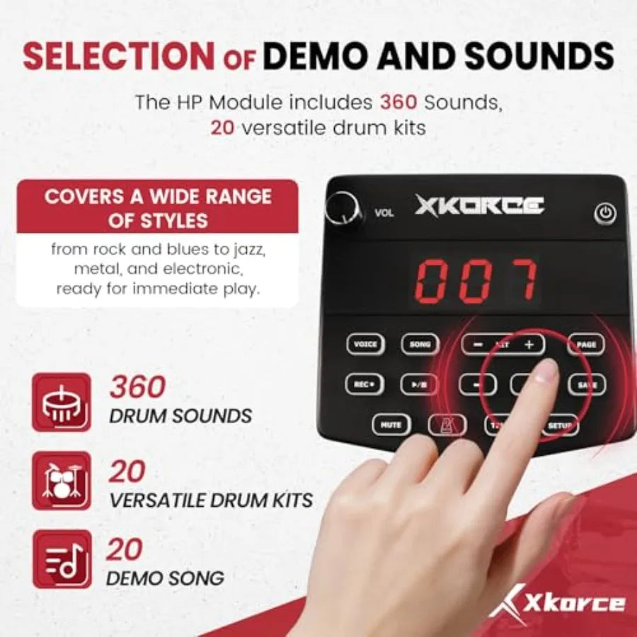 Electronic Drum Set with 4 Quiet Mesh Pads 360 Sounds 2 Pedals Headphones Sticks Dual Bluetooth Black Ideal for Beginners