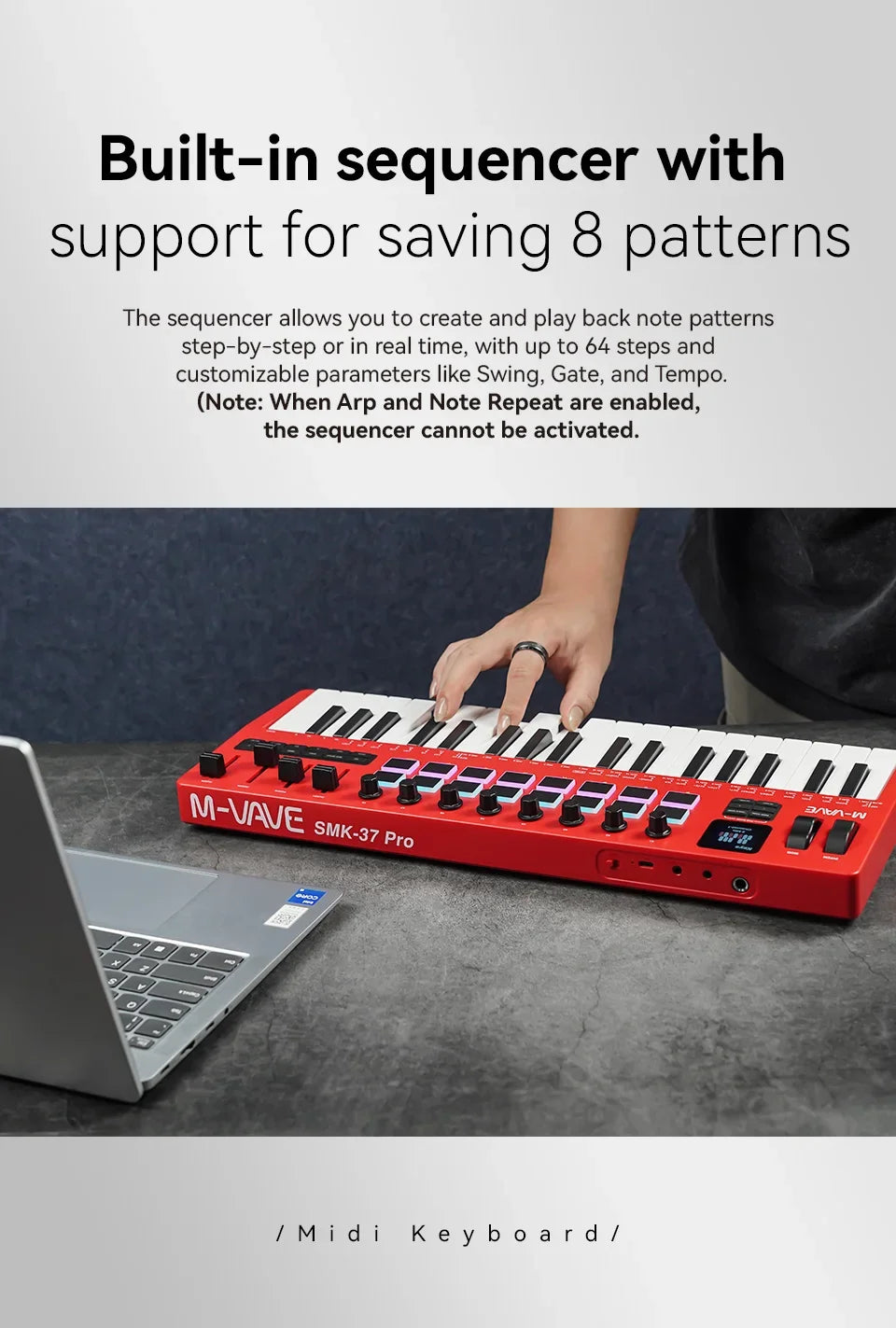 M-VAVE SMK-37 Pro 37-Key MIDI Controller Red With 16 RGB Pads 8 Knobs Built-in Synthesizer Portable Keyboard Instruments Parts