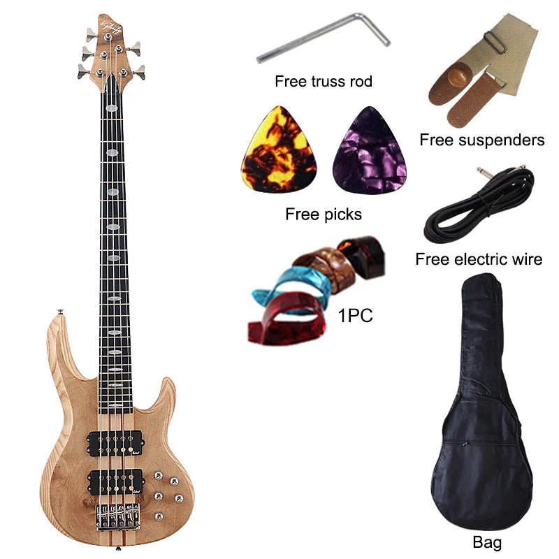 Active 5 String Neck Through Electric Bass Guitar 43 Inch Solid Okoume Body Natural Color Bass Guitar with Free Bag
