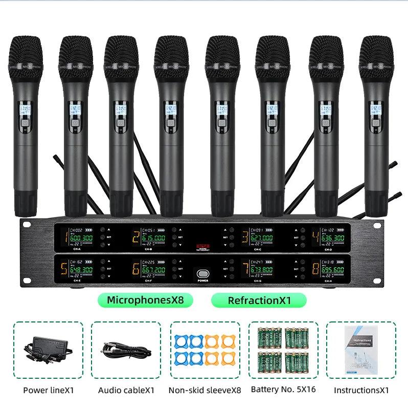 Professional wireless microphone UHF 8-channel handheld collar clip, conference microphone karaoke, singing dynamic microphone