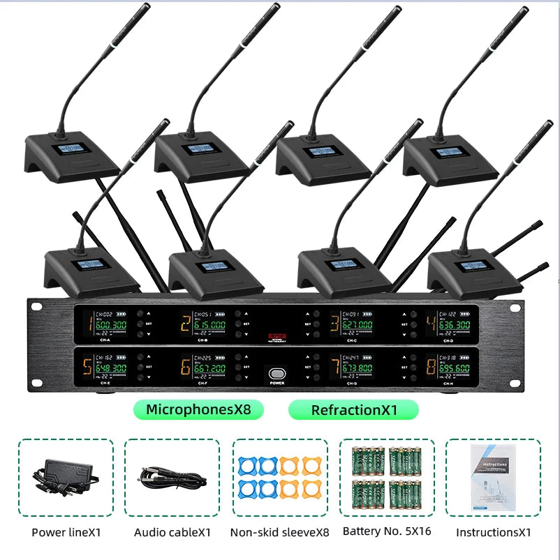Professional wireless microphone UHF 8-channel handheld collar clip, conference microphone karaoke, singing dynamic microphone