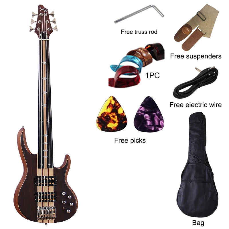 Fretless 6 String Active Electric Bass Guitar Neck Through 43 Inch Rose Veneer Matte with Active&Passive Switch High Quality