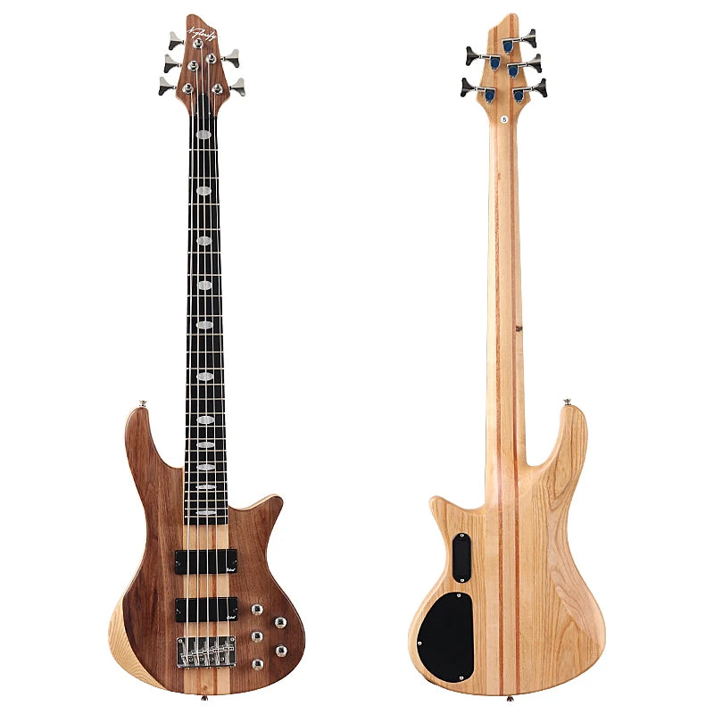 Active 5 String Neck Through Electric Bass Guitar 43 Inch Solid Okoume Body Natural Color Bass Guitar with Free Bag