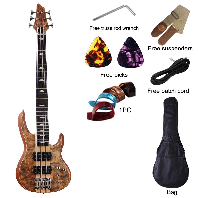 Active Electric Bass Guitar Tree Burl Top Neck Through 43 Inch 6 String 7 String Matte High Quality Bass