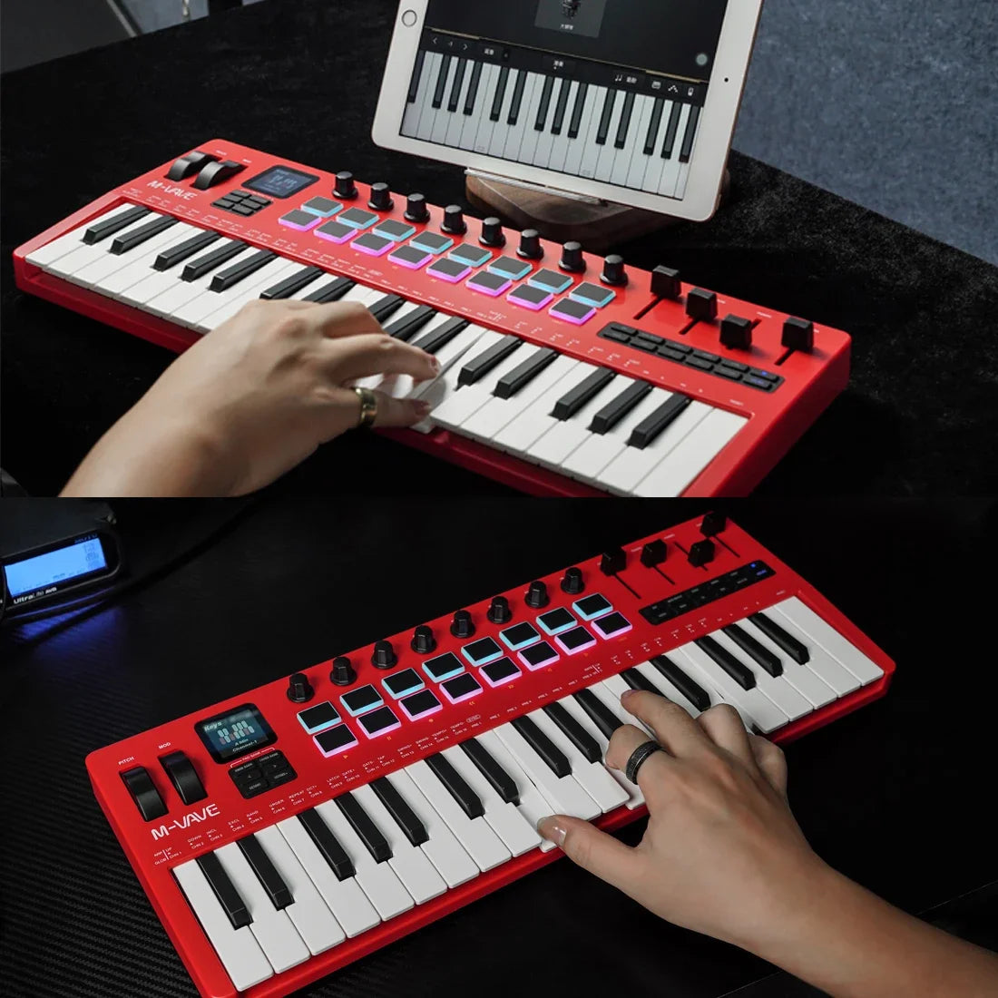 M-VAVE SMK-37 Pro 37-Key MIDI Controller Red With 16 RGB Pads 8 Knobs Built-in Synthesizer Portable Keyboard Instruments Parts