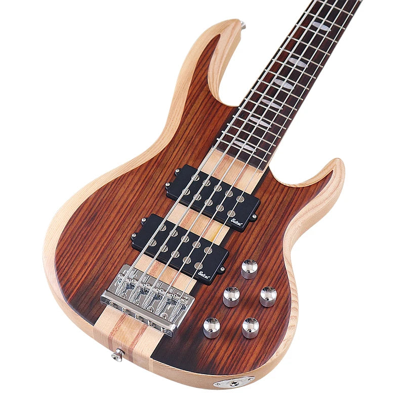 Active 5 String Neck Through Electric Bass Guitar 43 Inch Solid Okoume Body Natural Color Bass Guitar with Free Bag