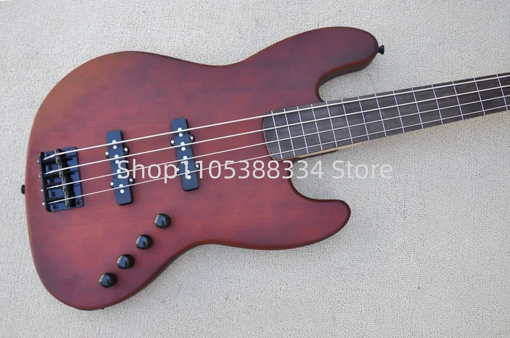 4-string Matte Red Brown Electric Bass Guitar Fretless but with Fret lines Black Hardwares Rosewood Fretboard