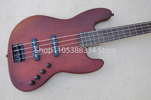 4-string Matte Red Brown Electric Bass Guitar Fretless but with Fret lines Black Hardwares Rosewood Fretboard