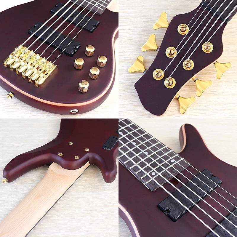 6 String Active Bass Guitar 43 Inch Electric Bass Guitar Brown 24 Frets Solid Sapele Wood Body Black Fingerboard