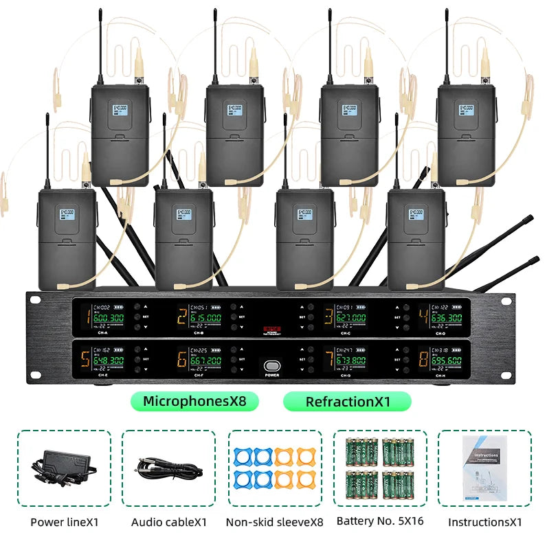 Professional wireless microphone UHF 8-channel handheld collar clip, conference microphone karaoke, singing dynamic microphone