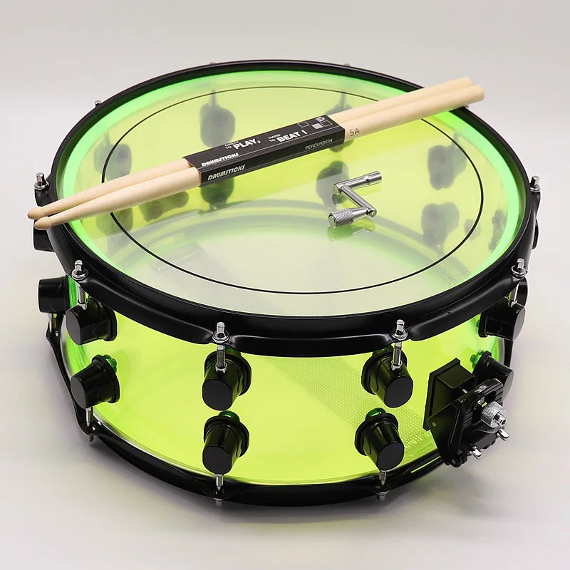 13 Inch Diameter 7 Inch Depth Acrylic Snare Drum Green with Black Color Iron Hoop and Metal One Side Drum Lug