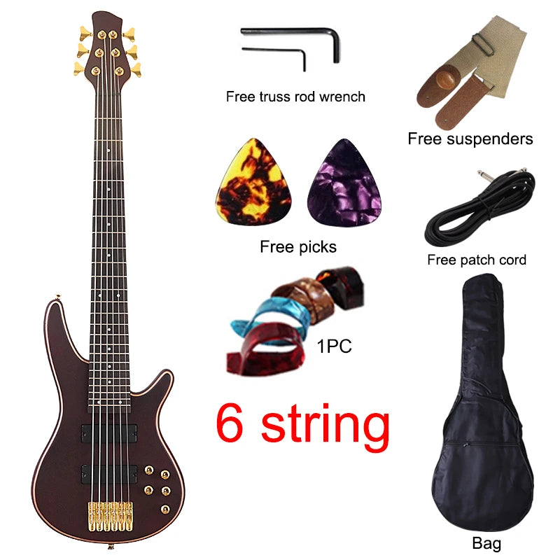 6 String Active Bass Guitar 43 Inch Electric Bass Guitar Brown 24 Frets Solid Sapele Wood Body Black Fingerboard