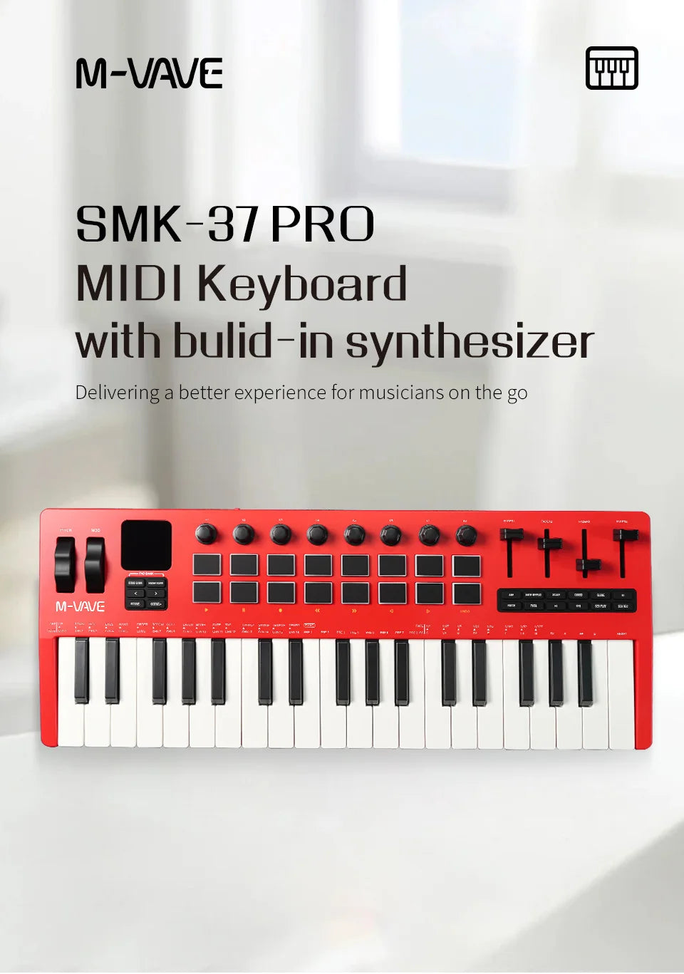 M-VAVE SMK-37 Pro 37-Key MIDI Controller Red With 16 RGB Pads 8 Knobs Built-in Synthesizer Portable Keyboard Instruments Parts