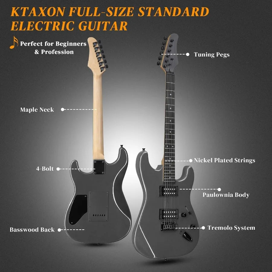 39 Inch Electric Guitar Full Size Solid Body with HH Pickups 6 Strings for Beginners Complete Starter Kit Includes Upgraded Cab