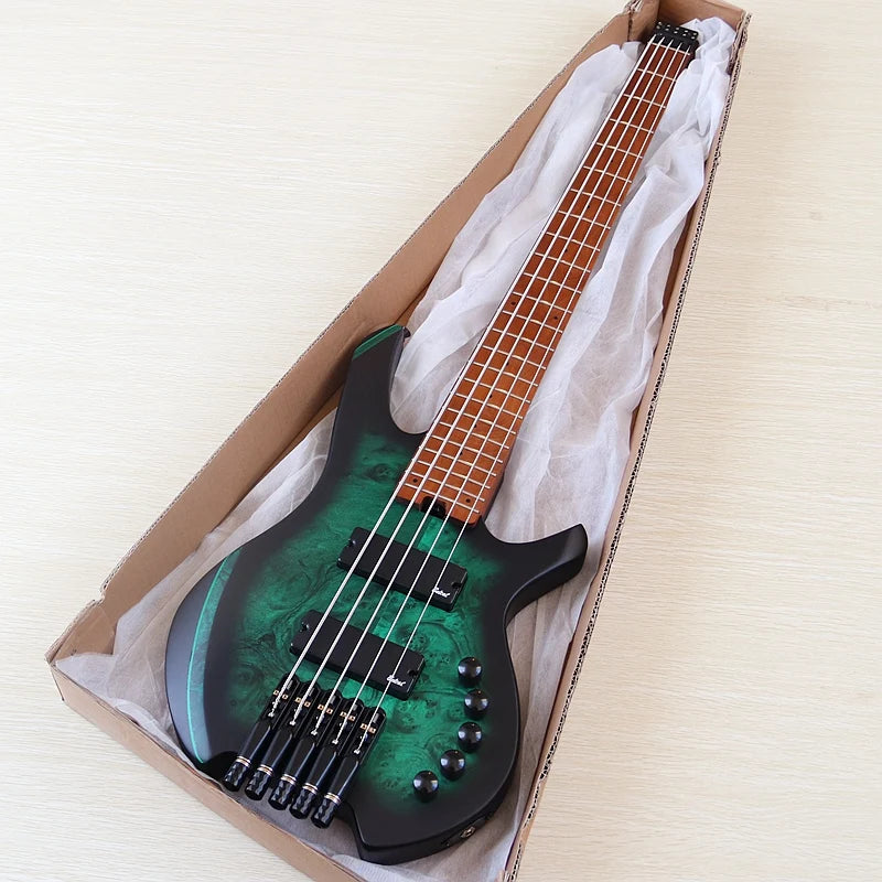 Headless Electric Bass Guitar Tree Burl Top 5 Strings Basswood Body 39 Inch Headless Guitarra Matte Good Handicraft Green&Black