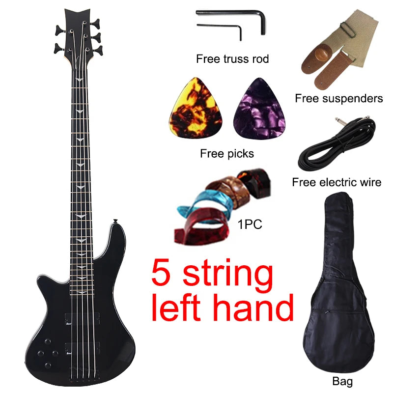 Left Hand 43Inch 5 String 6 Strings Electric Bass Guitar 24 Fret Solid Basswood Body Sunburst Black Color High Gloss Guitar