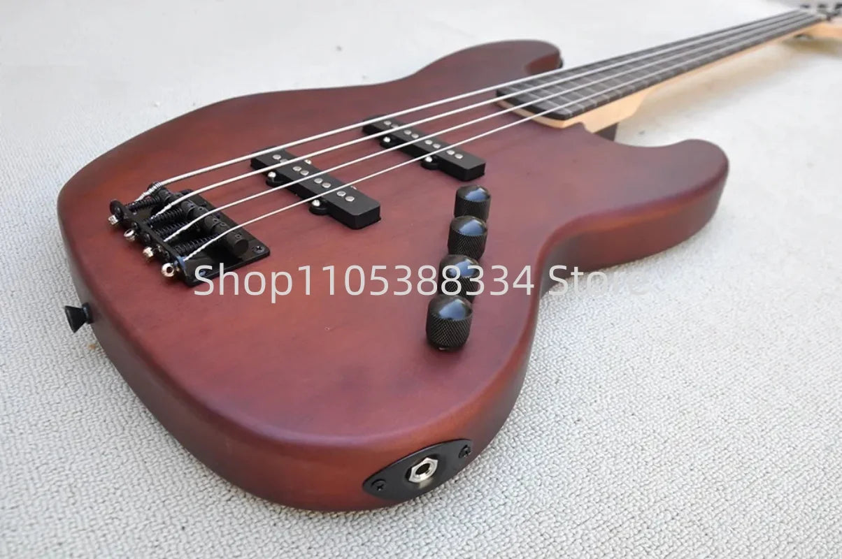 4-string Matte Red Brown Electric Bass Guitar Fretless but with Fret lines Black Hardwares Rosewood Fretboard