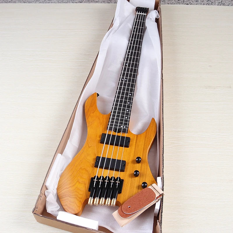 Headless Electric Bass Guitar 5String 43Inch Solid Ashwood Body 864mm Scale Length Black Natural Color Matte Finish High Quality