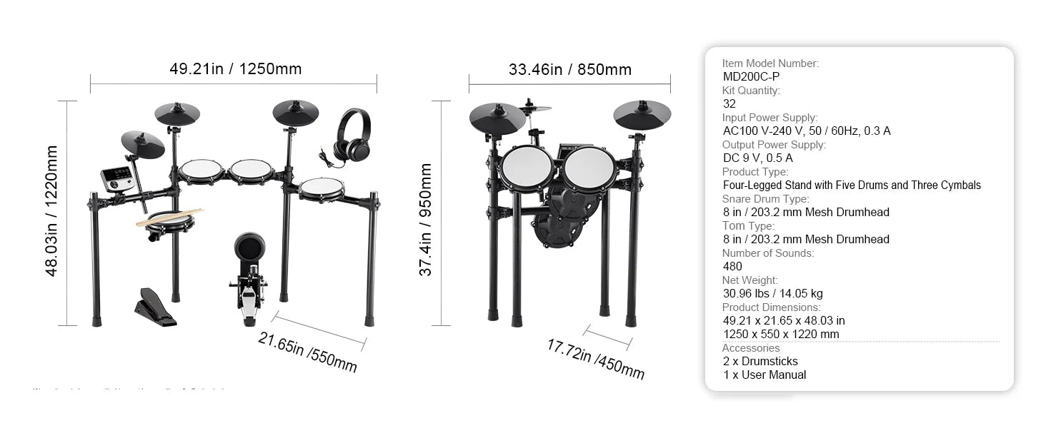 SucceBuy Electric Drum Set 32 Drum Kits & 480 Sounds, USB MIDI Supported 8 / 10 in Quiet Mesh+10 in Cymbals Drum Sticks Easy Use