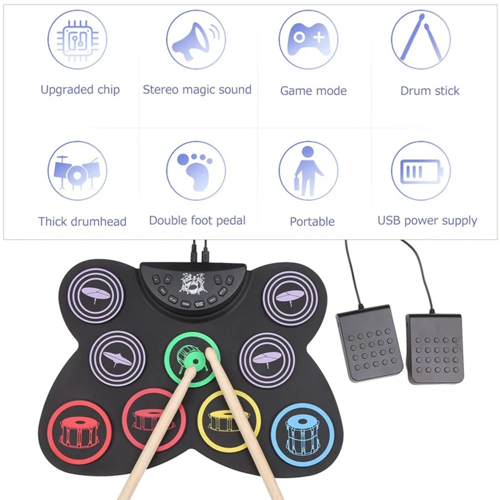 Electric Drum Set, 9 Pads Silicon Foldable Electronic Drum With Headphone Jack,Build In Speaker ,Foot Pedals,Drum Sticks-B60B