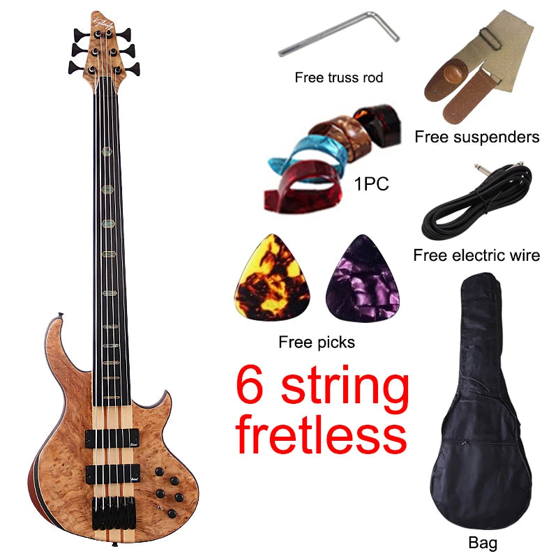 Fretless 6 String Active Electric Bass Guitar Neck Through 43 Inch Rose Veneer Matte with Active&Passive Switch High Quality