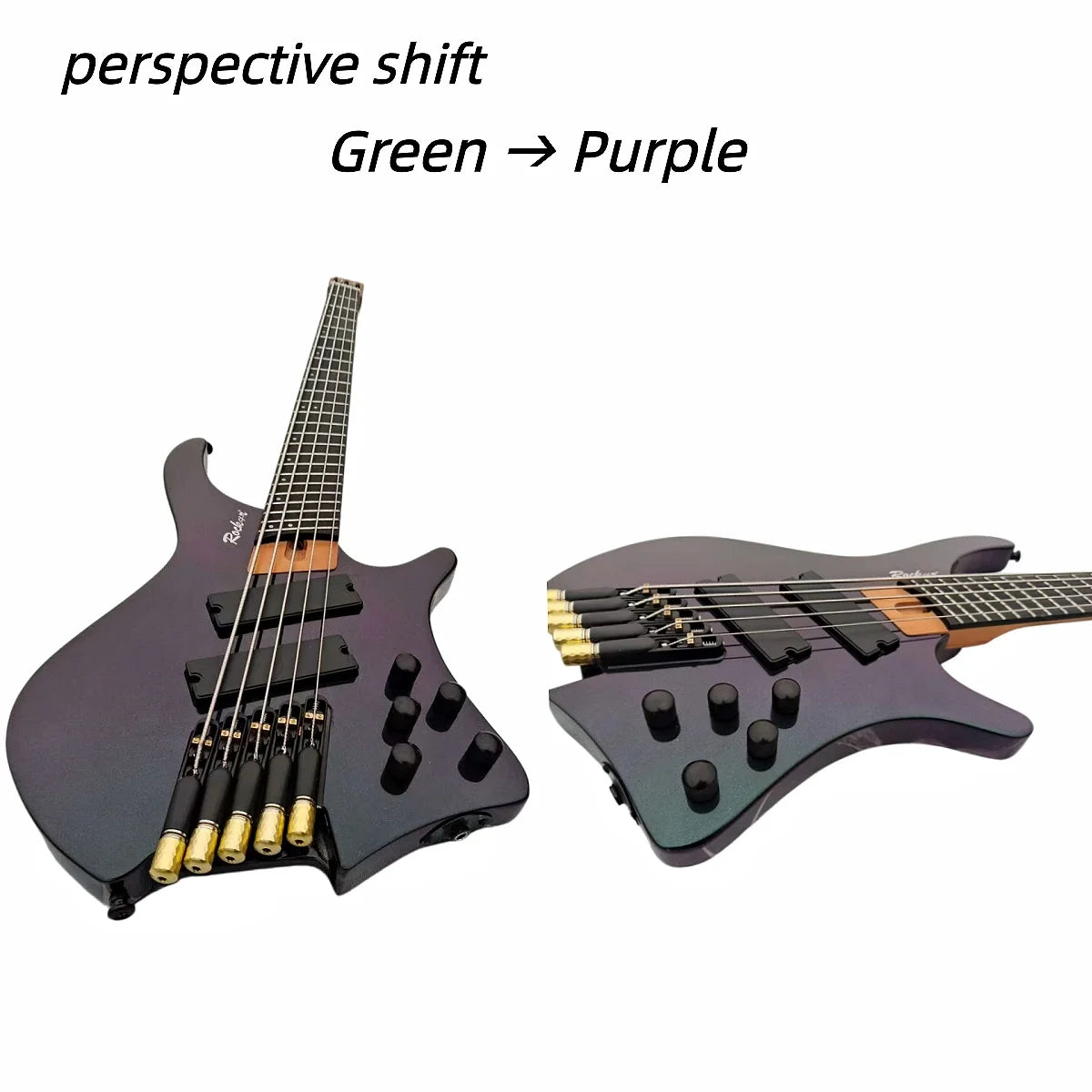 Chameleon Five String Bass Green Purple Transformation Professional Performance Headless Electric Bass