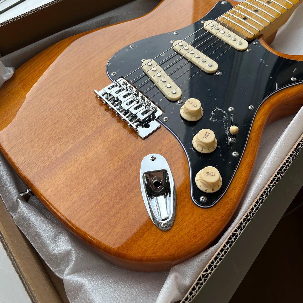 Customized wooden-colored electric guitar with maple fretboard. Durable material, beautiful sound. Free shipping.