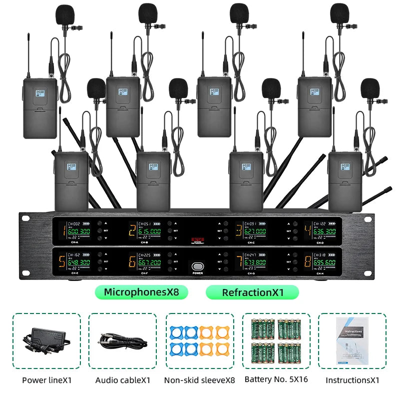 Professional wireless microphone UHF 8-channel handheld collar clip, conference microphone karaoke, singing dynamic microphone