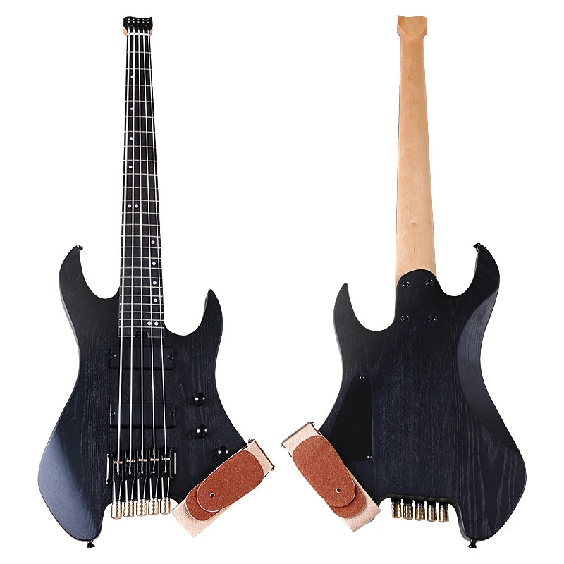 Headless Electric Bass Guitar 5String 43Inch Solid Ashwood Body 864mm Scale Length Black Natural Color Matte Finish High Quality