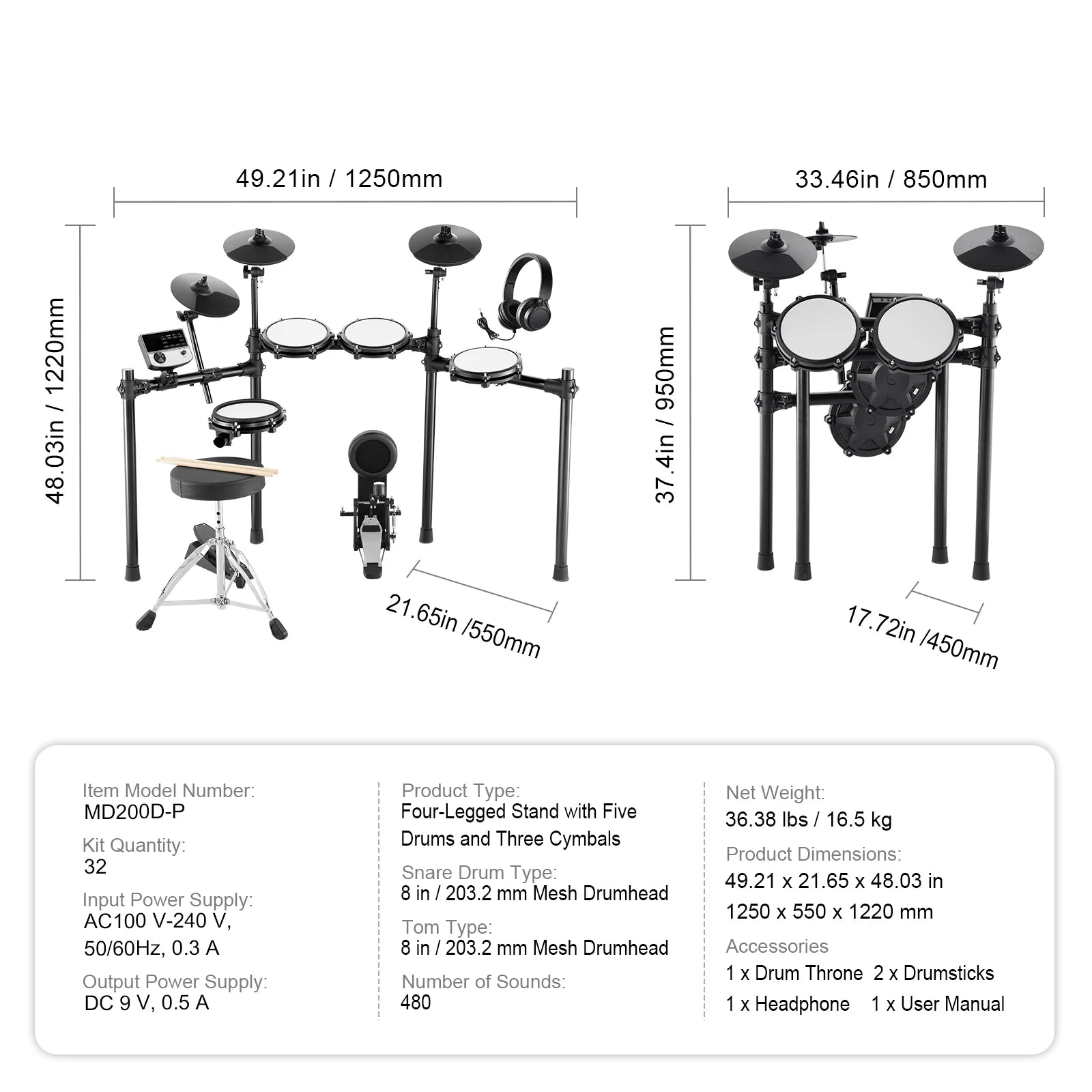 SucceBuy Electric Drum Set 32 Drum Kits & 480 Sounds, USB MIDI Supported 8 / 10 in Quiet Mesh+10 in Cymbals Drum Sticks Easy Use
