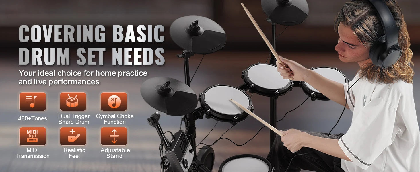 SucceBuy Electric Drum Set 32 Drum Kits & 480 Sounds, USB MIDI Supported 8 / 10 in Quiet Mesh+10 in Cymbals Drum Sticks Easy Use