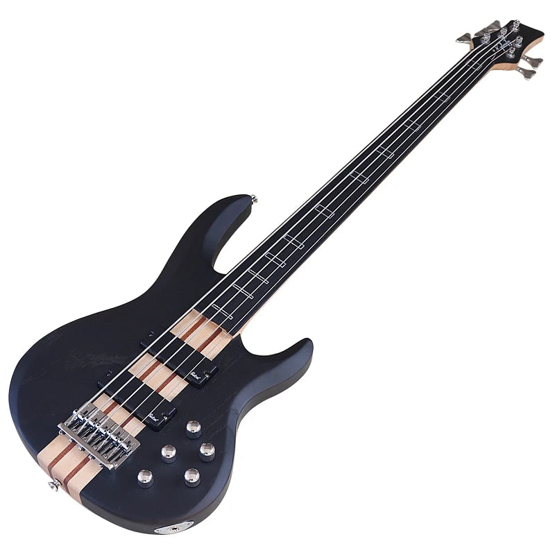 Fretless Electric Bass Guitar 5 String 43inch Solid Ashwood Body Bass Guitar Matte Finish Black Color
