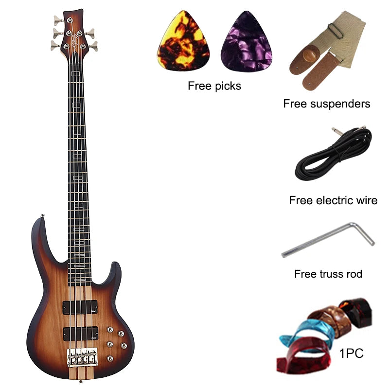Active 5 String Neck Through Electric Bass Guitar 43 Inch Solid Okoume Body Natural Color Bass Guitar with Free Bag