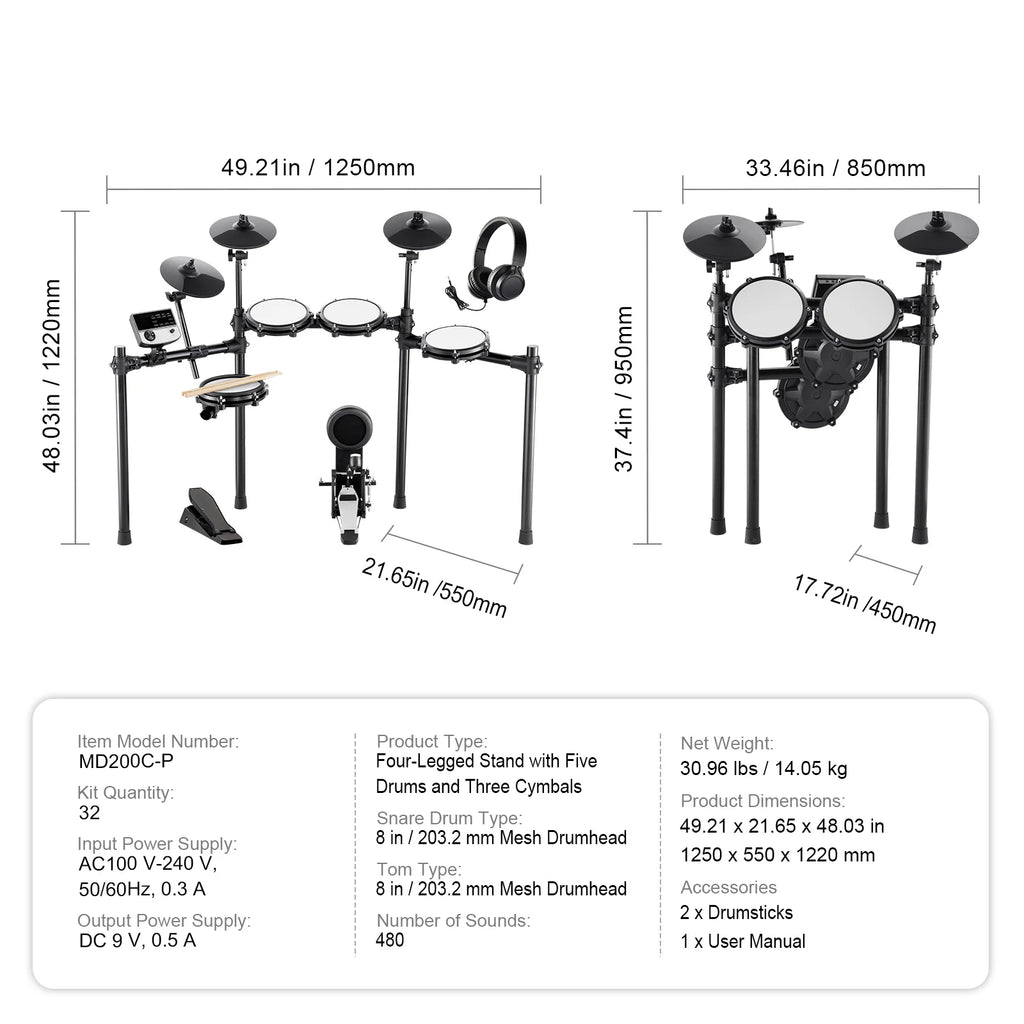 SucceBuy Electric Drum Set 32 Drum Kits & 480 Sounds, USB MIDI Supported 8 / 10 in Quiet Mesh+10 in Cymbals Drum Sticks Easy Use