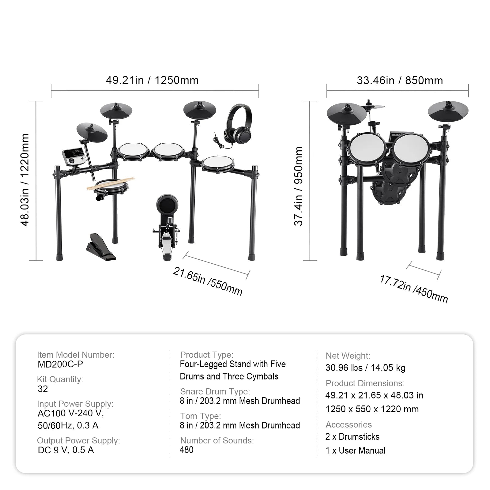 SucceBuy Electric Drum Set 32 Drum Kits & 480 Sounds, USB MIDI Supported 8 / 10 in Quiet Mesh+10 in Cymbals Drum Sticks Easy Use