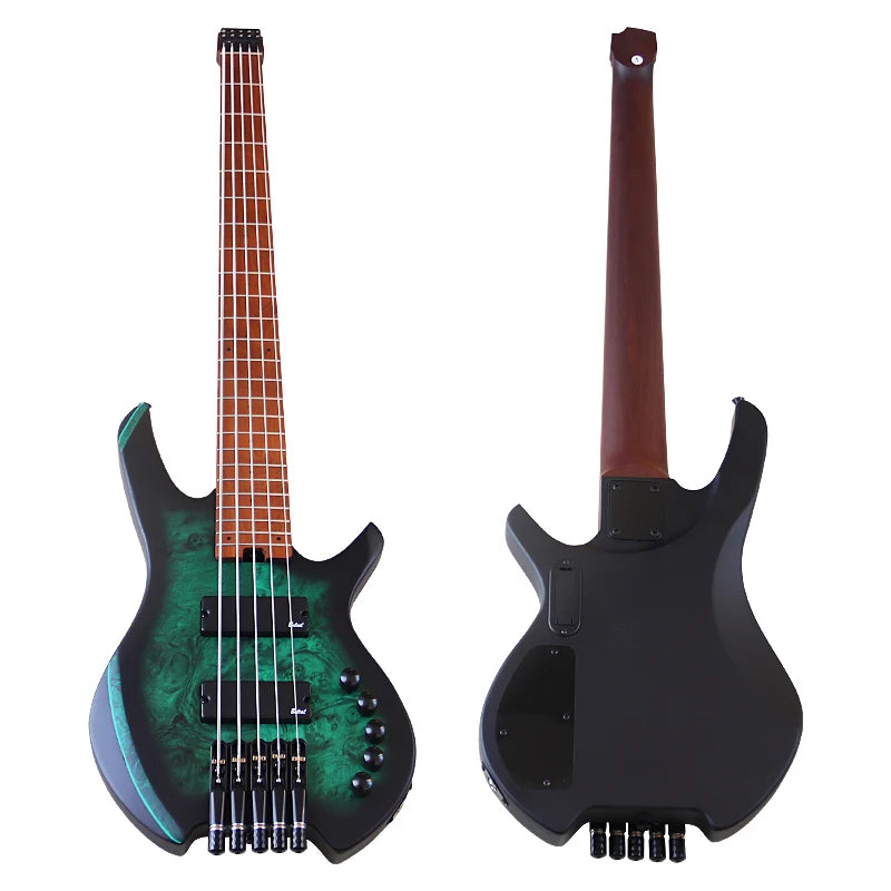 Headless Electric Bass Guitar Tree Burl Top 5 Strings Basswood Body 39 Inch Headless Guitarra Matte Good Handicraft Green&Black