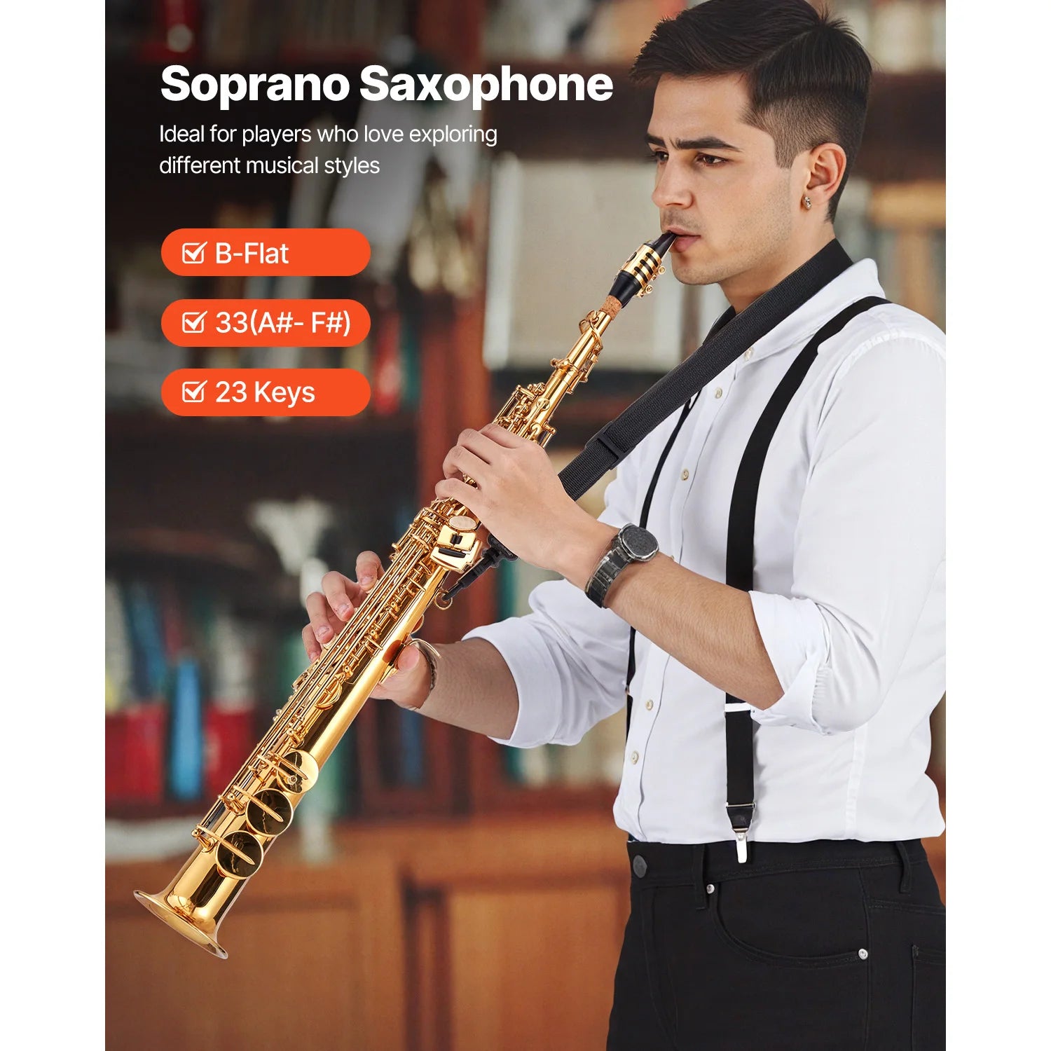SucceBuy Straight Soprano Brass Saxophone B Flat 23 Keys, Mouthpiece, Cleaning Cloth Rod, Gloves, Neck Strap, kit for Beginners